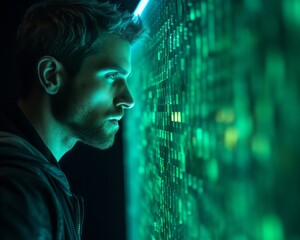 A man looks through opaque green glass framed by neon light. Cyberpunk realism concept.