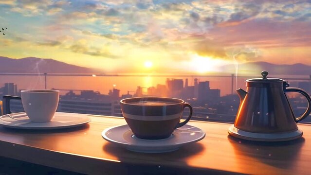 Beautiful sunset view with a cup of hot coffee or tea on the table. Anime art style Illustration background.
