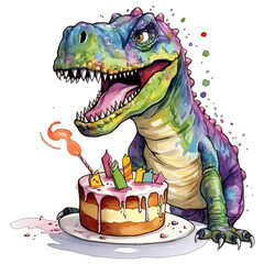 Cute T-Rex tyrannosaurus rex dinosaur, colorful, with birthday balloons, isolated on white transparent background