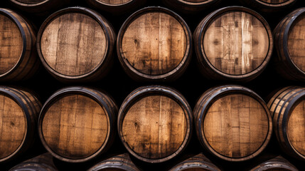 Obraz premium Brown wooden wine beer barrel stacked background