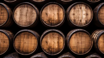 Fotobehang Brown wooden wine beer barrel stacked background © Sasint