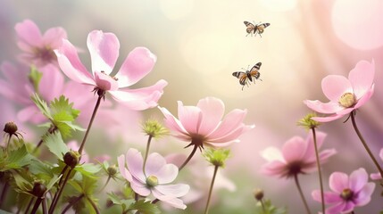 pink flowers background with butterflies  generated by AI