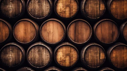 Rolgordijnen Brown wooden wine beer barrel stacked background © Sasint
