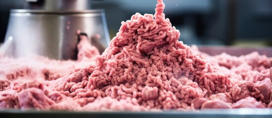 Grinding meat or lard in a big factory grinder up close With copyspace for text - obrazy, fototapety, plakaty
