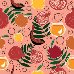 Frutis with honey and shofar on pink background. Pattern for design