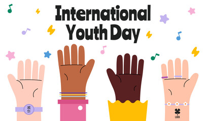 Fototapeta na wymiar Banner for International Youth Day with different hands