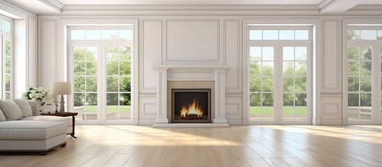 Spacious room with fireplace and elegant doors With copyspace for text