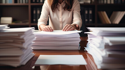 Businesswoman hands working in Stacks of paper files for searching and checking unfinished documents achieves on folders papers at busy work desk office - obrazy, fototapety, plakaty