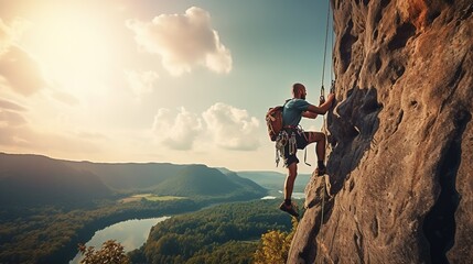 Tourism and adventure: elderly tourist climbing high rock, happy elderly man enjoying adventure, rock climbing sport, exercise concept.