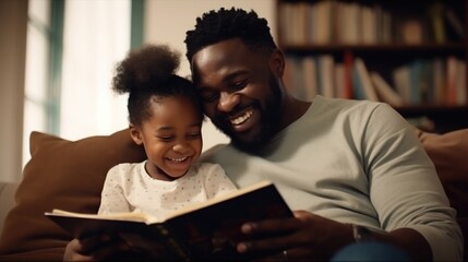 Happy father relax and read book with baby time together at home. parent sit on sofa with daughter and reading a story. learn development, childcare, laughing, education, storytelling, practice. - obrazy, fototapety, plakaty