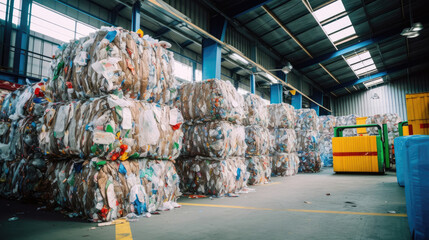 Compressed recycling bundles in recycling center - obrazy, fototapety, plakaty