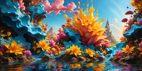 Fantasy Flora Vibrant Blooms and Cascading Azure Streams in a Whimsical Wonderland. Generative AI
