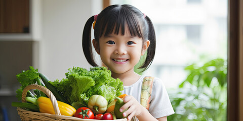 Cute asian child girl holding basket of vegetables prepare for cooking with her parent