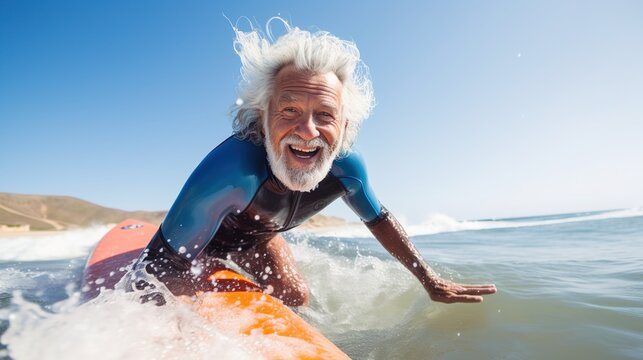 Tourism and adventure: elderly tourist playing surfboard, happy elderly man enjoying adventure, water sports, extreme sports, exercise concept.