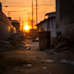 A garbage can on a side street and cat at sunset.