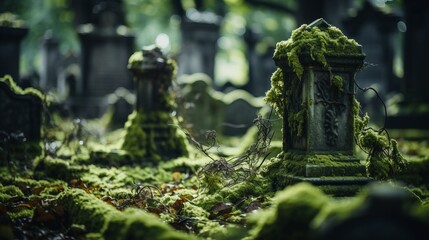 An old cemetery with moss and old gravestones. Generative AI. 