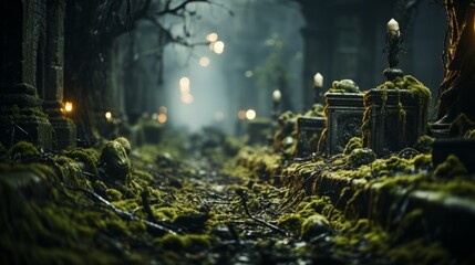 An old cemetery with moss and old gravestones. Generative AI. 