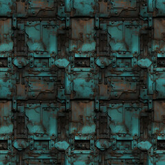 steampunk-inspired abstract copper armor plating with an intriguing patina finish. Seamless repeatable background.