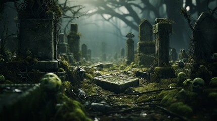 Obraz premium An old cemetery with moss and old gravestones. Generative AI. 