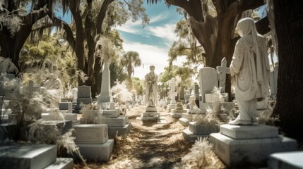 An old cemetery with moss and old gravestones. Generative AI.  - Powered by Adobe