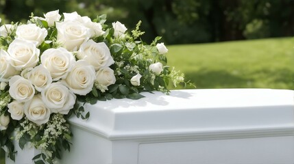葬儀の棺、お墓、棺の上の花｜Funeral coffin, grave, flowers on the coffin. Generative AI - obrazy, fototapety, plakaty