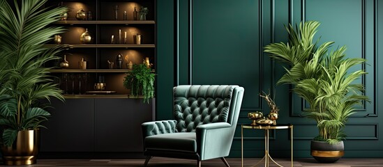 Luxurious living room with chic armchair gold liquor cabinet abundant plants elegant personal...