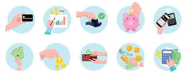 Set of icons with money, payments terminals, calculator, credit cards and piggy bank on white background