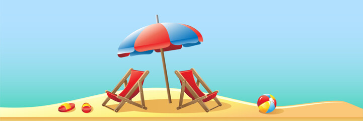 Deck chairs and umbrella on sea beach