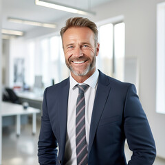 Smiling Middle aged Business man standing in bright white office interior