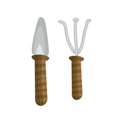 Gardener's shovel and rake on white background