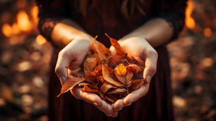 Female hands holding autumn leaves on a background of a burning fire. Generated with AI Tool