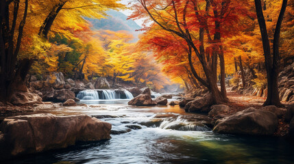 Stunning vibrant autumn scenery Leaves gracefully cascading in natural park background. Generated with AI Tool