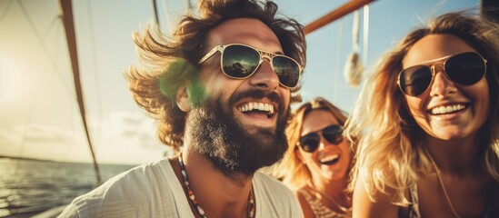 Friends enjoy party on a sail yacht drinking champagne while sailing in the sun With copyspace for text - obrazy, fototapety, plakaty