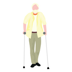 Elderly man with walking sticks on white background