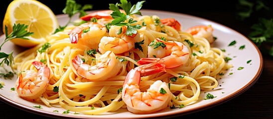 Parsley enhanced scampi pasta with homemade shrimp With copyspace for text