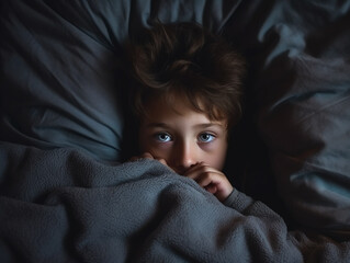Young boy scared before going to bed. - obrazy, fototapety, plakaty