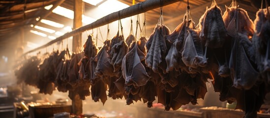 An Asian market where bats are sold as food alongside other animals like dogs and snakes With copyspace for text - obrazy, fototapety, plakaty
