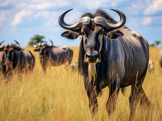 Wildebeest standing and looking at the camera. - obrazy, fototapety, plakaty