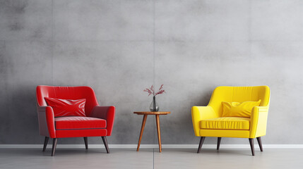 Modern yellow and red chair in light grey living room. - obrazy, fototapety, plakaty