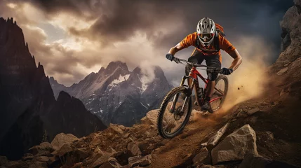 Fotobehang Cyclist Riding the Bike on a trail with a mountain at the background. Extreme Sport and Enduro Biking Concept. © Shanorsila