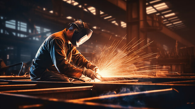 Professional welder in a factory. Heavy industry engineering.