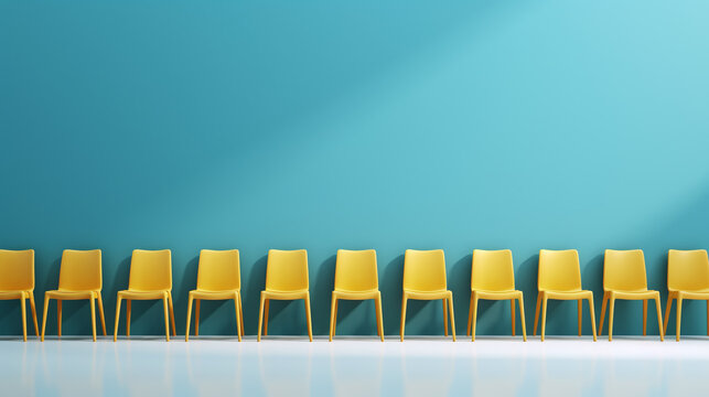 A row of chair against a blue wall with copy space.