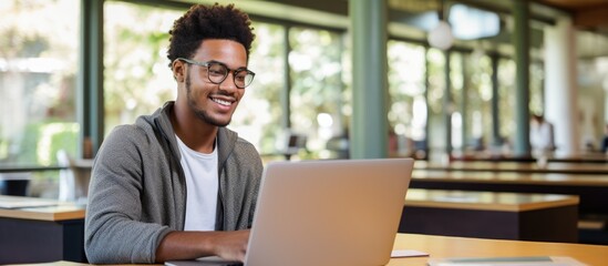 Obraz premium Black student using computer for online learning in library With copyspace for text