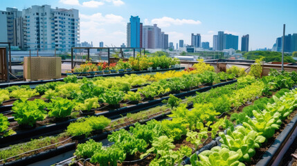Fototapeta premium Rooftop garden, Rooftop vegetable garden, Growing vegetables on the rooftop of the building, Agriculture in urban on the rooftop of the building