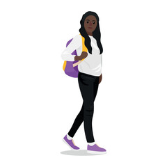 African-American girl with backpack going to school on white background