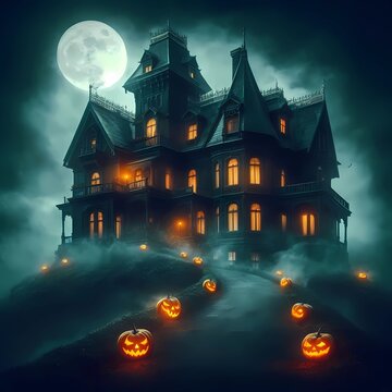 Mansion embrujada en la noche de halloween en la colina