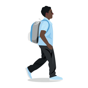African-American boy with backpack going to school on white background