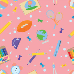 Many school supplies on pink background. Pattern for design