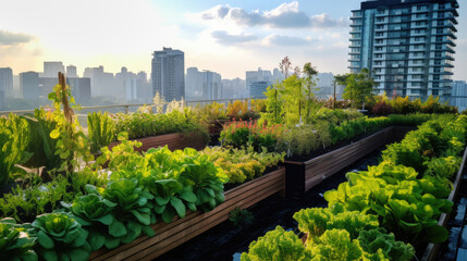 Fototapeta premium Rooftop garden, Rooftop vegetable garden, Growing vegetables on the rooftop of the building, Agriculture in urban on the rooftop of the building