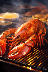 Single and fresh lobster on the grill in a very close-up shot, grilled on the barbecue.